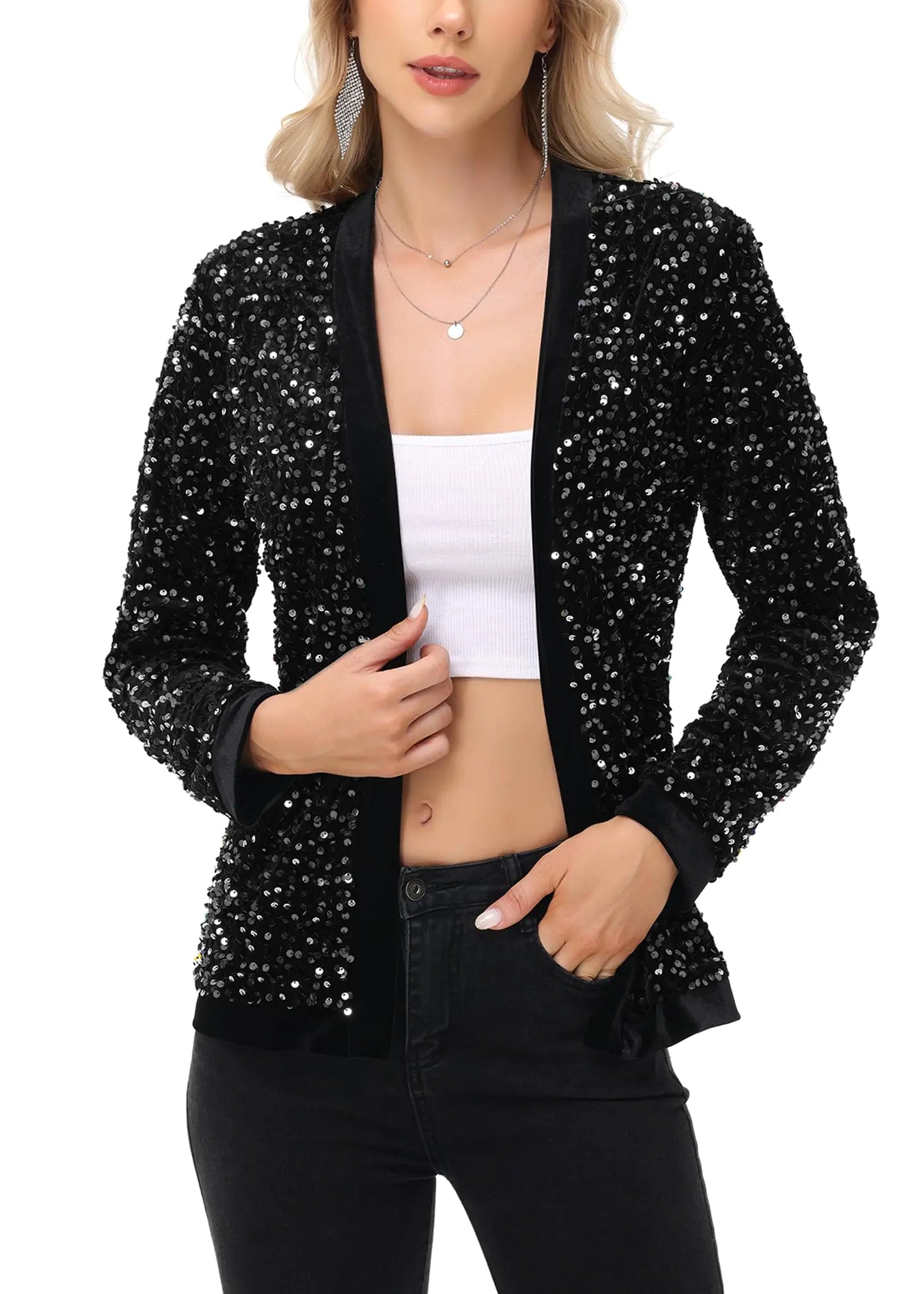 Furrzy Womens Sparkly Sequin Cardigan Long Sleeve Open Front Glitter Party Sequin Blazer Jacket Black Small