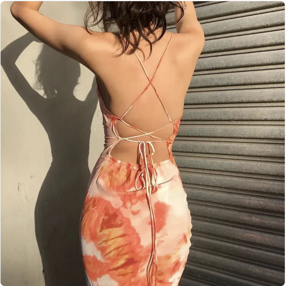 Furrzy Printed Halter Backless Maxi Dress
