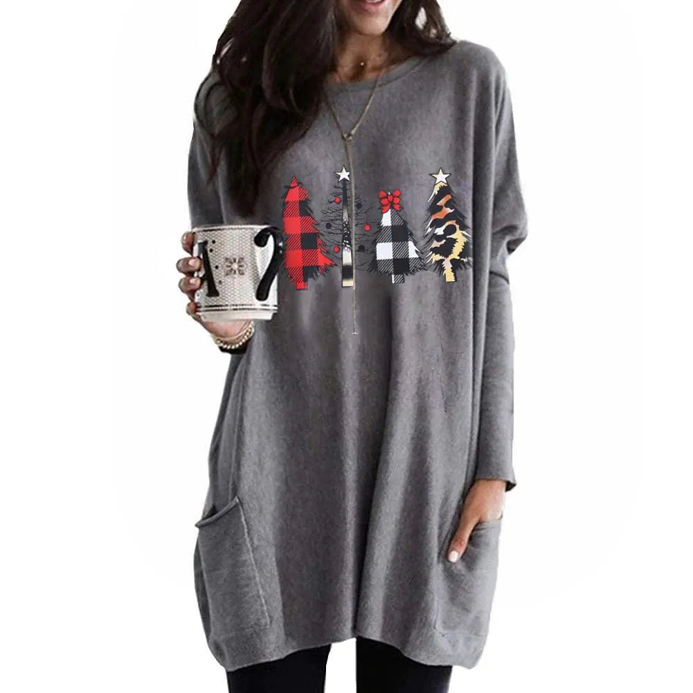 Furrzy Women Dress Shirt Christmas Long Sleeve Tunic Top Christmas Movie Watching Shirt Xmas Tree Oversized T-Shirt Blouse(Trees X-Large)