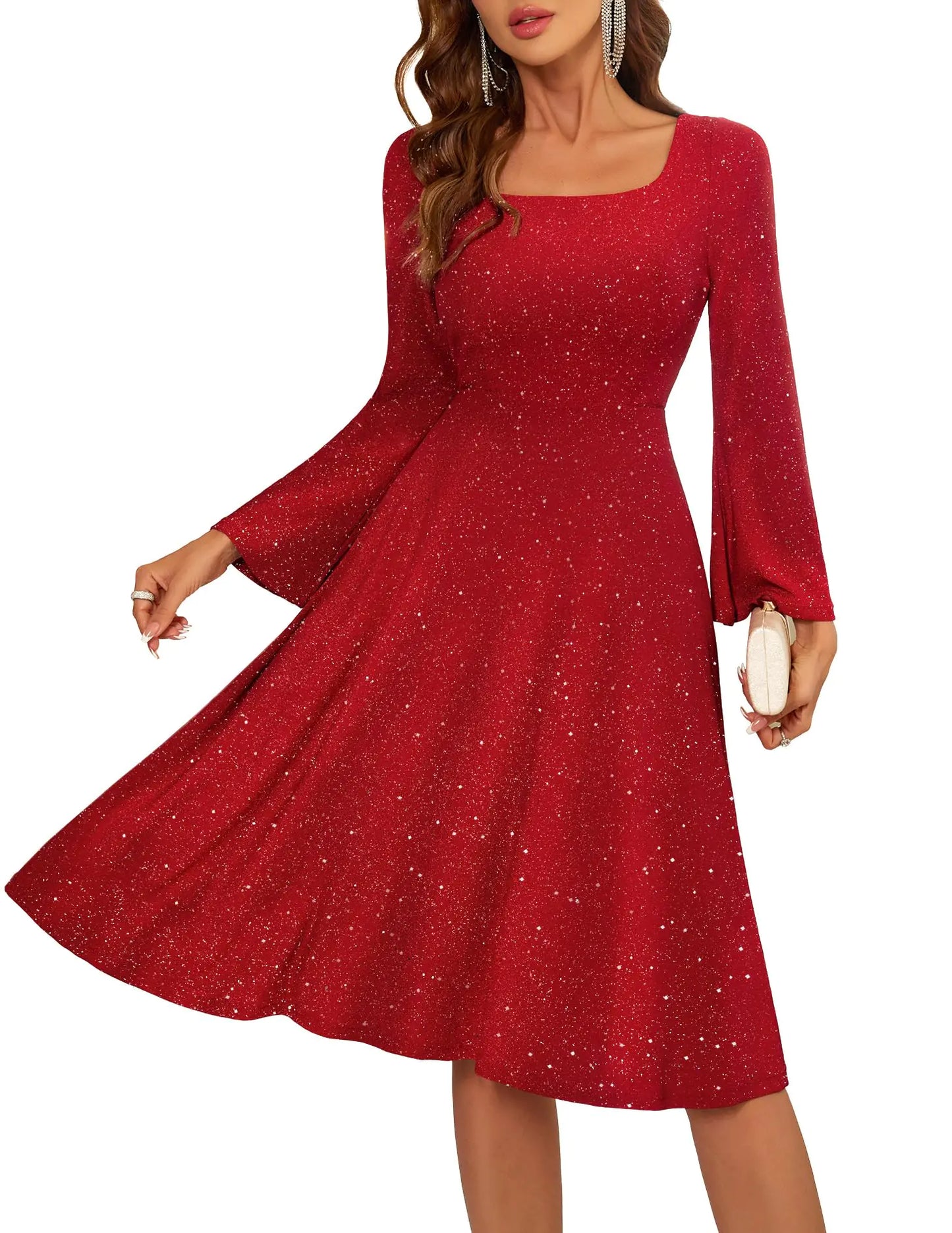 Furrzy Homecoming Dress for Teens Long Sleeve Sequin Dress Square Neck Midi Cocktail Party Formal Dress Glitter Bridesmaid Dresses S006 Red S