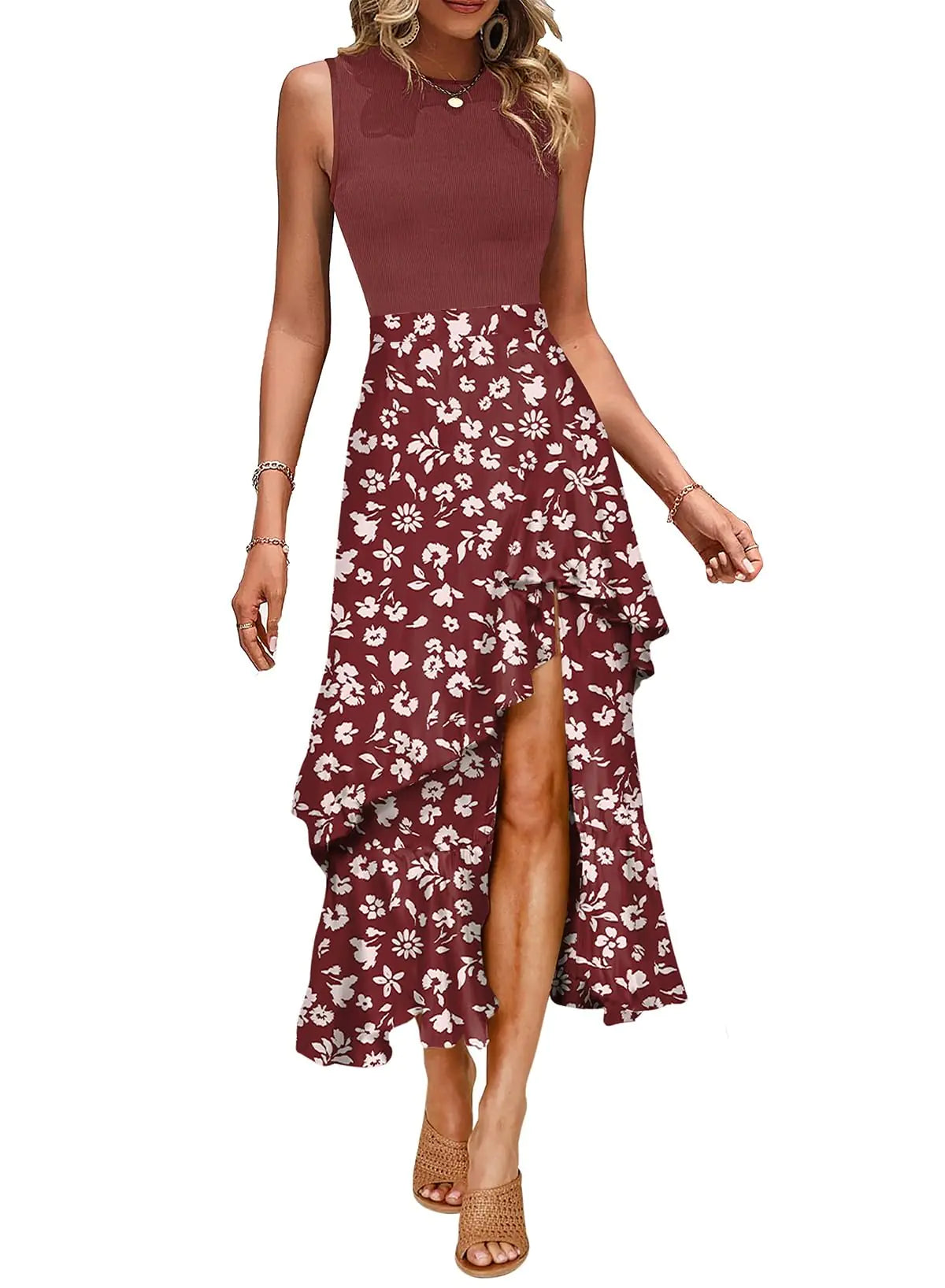 Furrzy Boho Maxi Summer Dresses for Women 2024 Casual Spring Floral Beach Womens Dresses Dress Sun Dresses Sundresses for Women 2025 Red