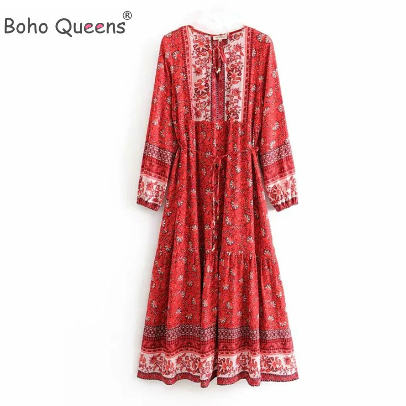 Furrzy Boho Queens Floral Print Lace-up Maxi Dress for Women