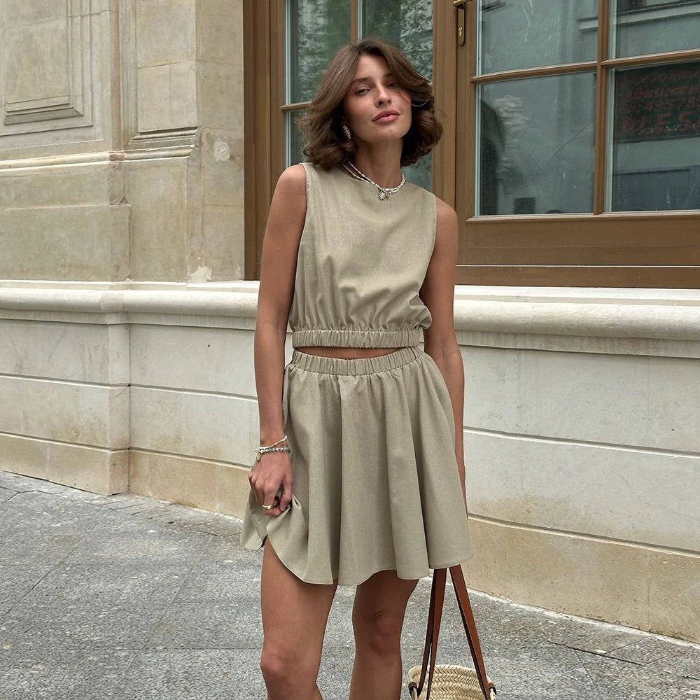 Furrzy Cotton Linen Short Skirt Casual Set for Women