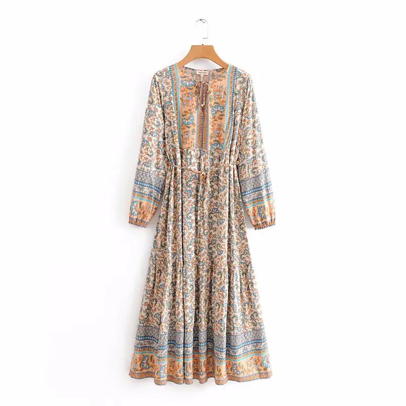 Furrzy Boho Queens Floral Print Lace-up Maxi Dress for Women