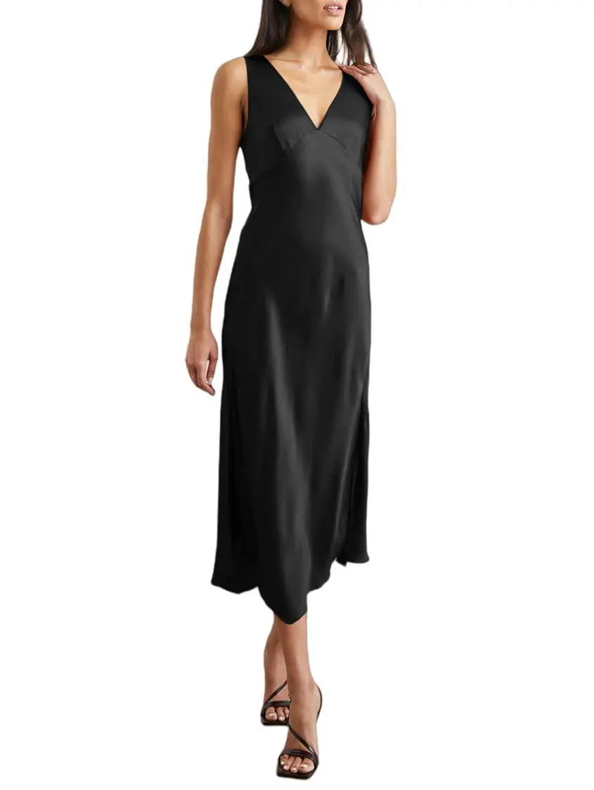 V Neck Satin Dress for Women Wedding Guest 2024 Sleeveless Black Satin Formal Cocktail Evening Dresses for Party Club High Split Silk Midi Dress