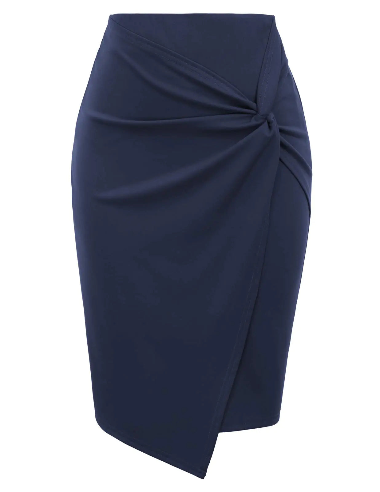 Furrzy Wear to Work Pencil Skirts for Women Elastic High Waist Wrap Front Knee Length Bodycon Skirt Tummy Control Navy Blue