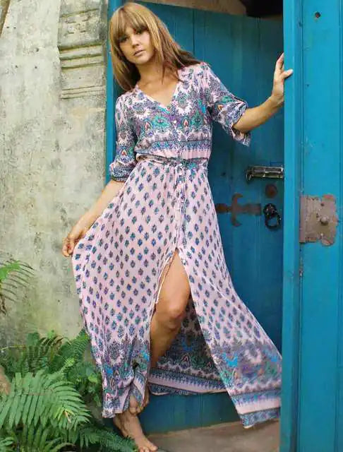 Furrzy Bohemian Floral Maxi Dress for Women - Half Sleeve