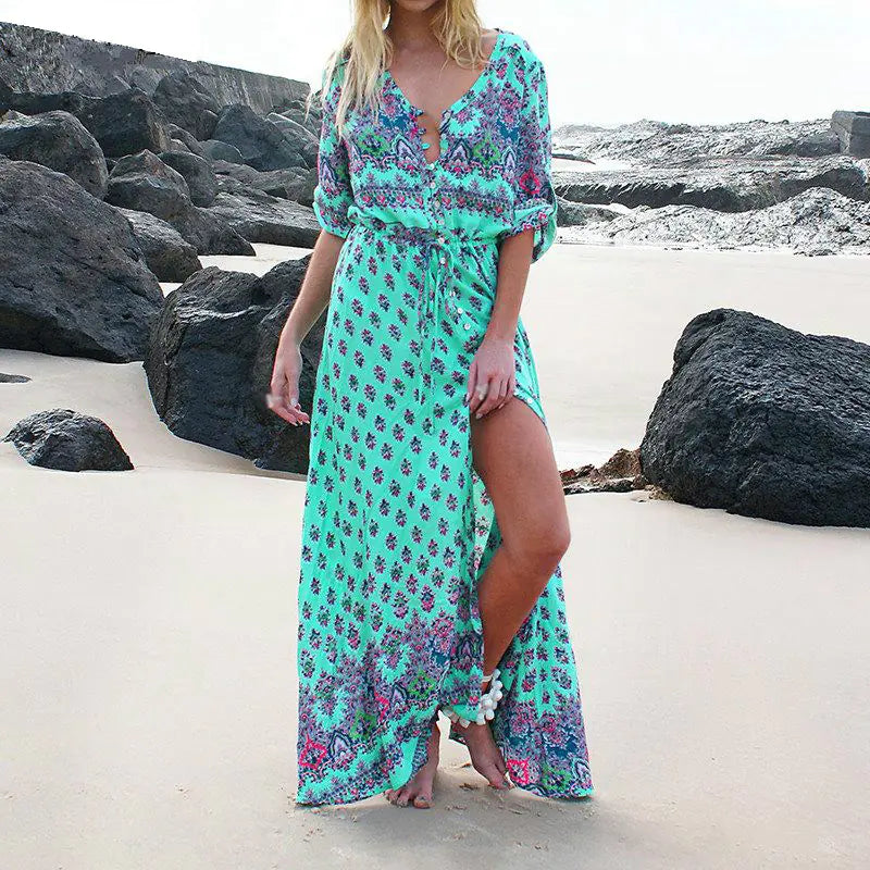 Furrzy Bohemian Floral Maxi Dress for Women - Half Sleeve