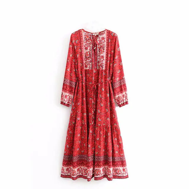 Furrzy Boho Queens Floral Print Lace-up Maxi Dress for Women