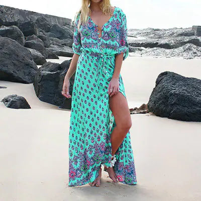 Furrzy Bohemian Floral Maxi Dress for Women - Half Sleeve