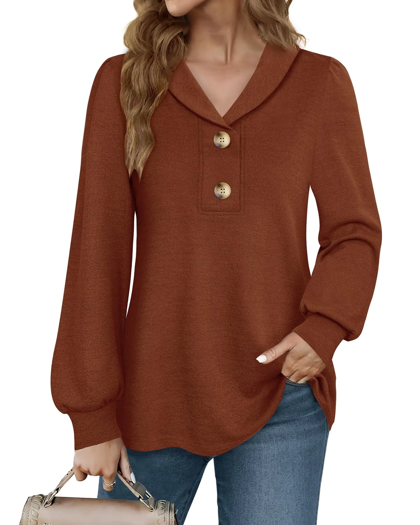 Furrzy Business Casual Tops for Women Tunics for Women Fashion 2024 Collared Shirts for Women Ladies Office Wear Tunic Tops to Wear with Leggings Fall Long Sleeve Tunics 2024 Brown Large