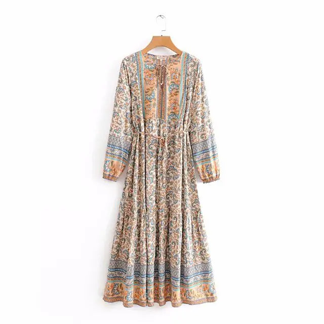 Furrzy Boho Queens Floral Print Lace-up Maxi Dress for Women