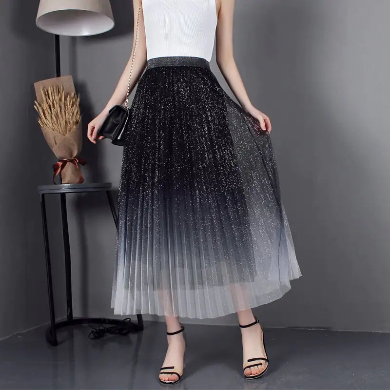 Furrzy High-Waisted Pleated Skirt with Gradient Mesh Design