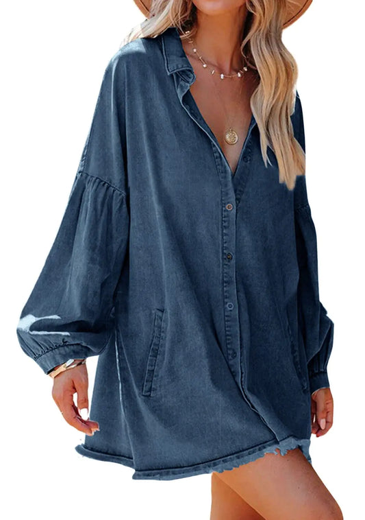 Furrzy Womens Oversized Distressed Denim Button Down Tunic Shirt Dress with Pockets (LargeDark Blue)