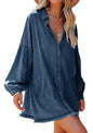 Furrzy Womens Oversized Distressed Denim Button Down Tunic Shirt Dress with Pockets (LargeDark Blue)