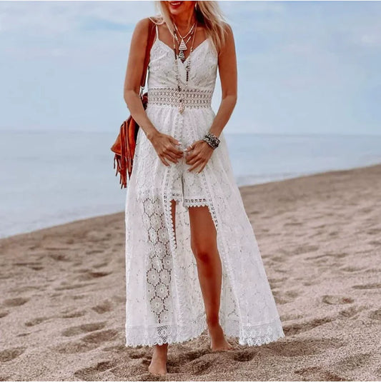 Furrzy White Boho Lace Maxi Dress
