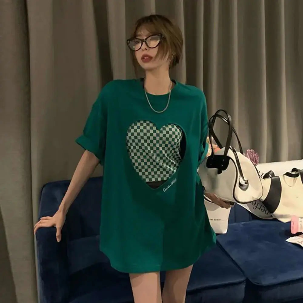 Furrzy Korean Plaid Oversized T-Shirt Two-Piece Set for Women