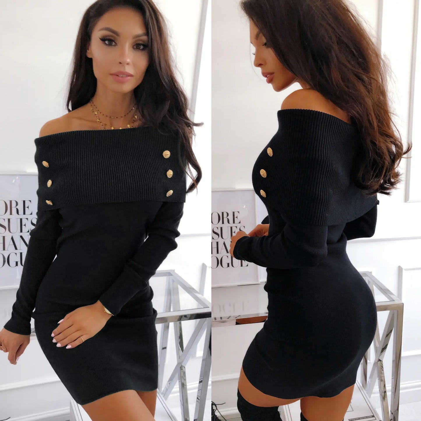 Furrzy Knit Bodycon Dress, Off-Shoulder Knit Dress