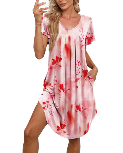 Furrzy Nightgown for Women Pleated Nightgown Soft Nightshirt Sleep Pajama Dress Short Sleepshirt Loungewear Sleepwear
