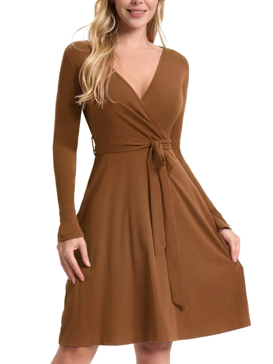 Furrzy Womens Fall Long Sleeve Dress: Wrap V Neck Midi Dresses - Casual Party Rib Dresses with Belt Camel