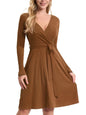 Furrzy Womens Fall Long Sleeve Dress: Wrap V Neck Midi Dresses - Casual Party Rib Dresses with Belt Camel
