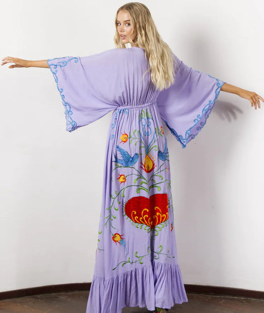 Furrzy Bohemian Floral Embroidered Tassel Maxi Dress