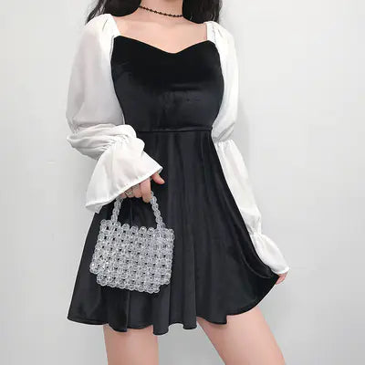 Furrzy Puff Sleeve Vintage Velvet Long Sleeve Dress