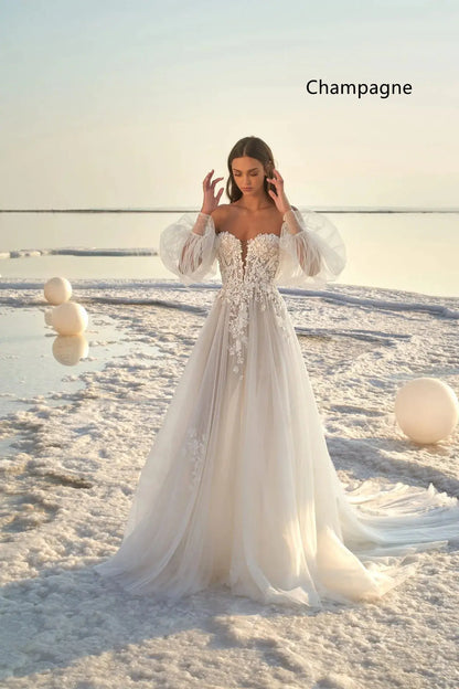 Furrzy Puff Sleeve Beach Wedding Dress for Women