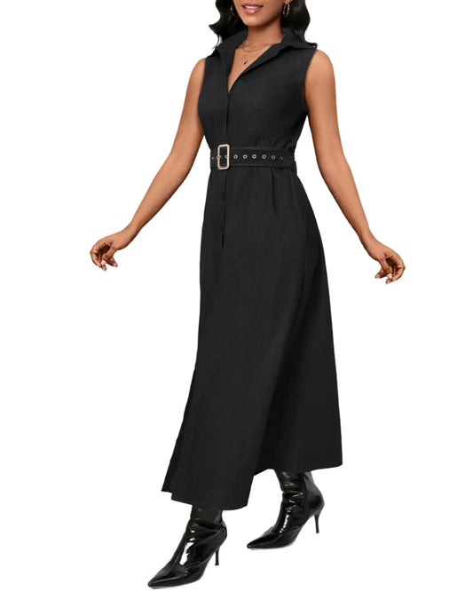 Furrzy Denim Maxi Shirt Dress for Women Button Down Belted Casual Dress Prom Dress with Pockets M Black Sleeveless