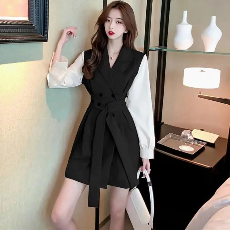 Furrzy Chic Khaki Color Spliced Sleeve Trench Dress