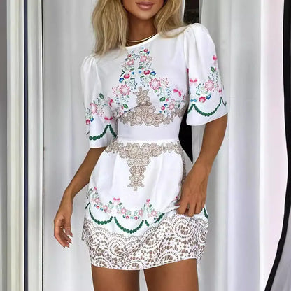 Furrzy Vintage Floral Puff Sleeve Waist-Tied Dress