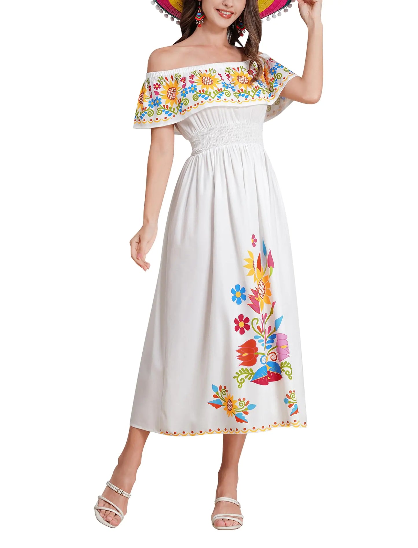 Furrzy Mexican Dress for Women: Traditional Fiesta Outfit Cinco De Mayo Costume Floral Summer Halloween Day of The Dead Dresses Mexico Clothes Long Maxi Party Casual Sundress White Sunflower Small