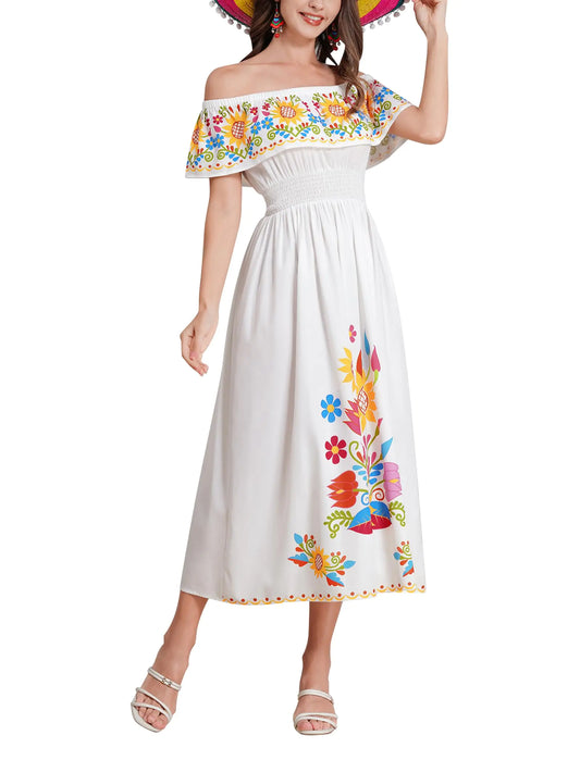 Furrzy Mexican Dress for Women: Traditional Fiesta Outfit Cinco De Mayo Costume Floral Summer Halloween Day of The Dead Dresses Mexico Clothes Long Maxi Party Casual Sundress White Sunflower Small