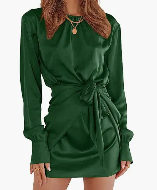 Furrzy Elegant Women's Satin Long Sleeve Cocktail Dress
