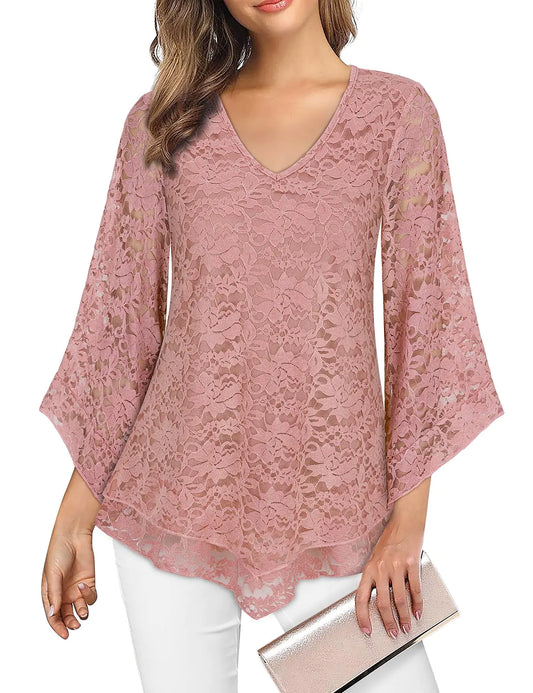 Furrzy Viracy Dressy Blouses For Women V Neck 3/4 Flared Sleeve Double Layers Elastic Mesh Chiffon Tops for Wedding Guest Buniess Casual Wear Modlily- Pink Lace XL