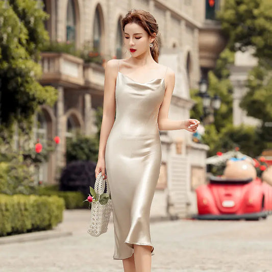 Furrzy Backless Satin Slip Dress - Vintage French Long Dress