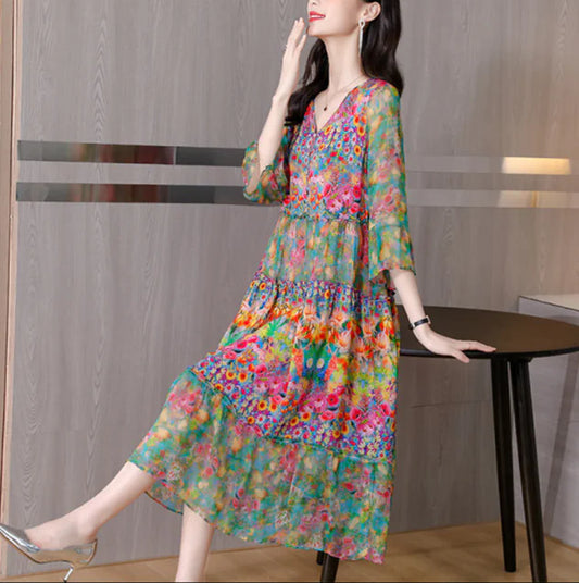Furrzy Floral Dress - Spring Loose Silk Maxi Dress