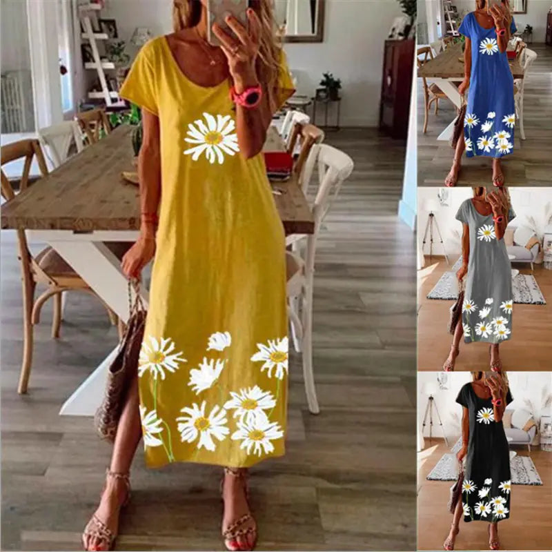 Daisy Print Maxi Dress with Side Slit for Women