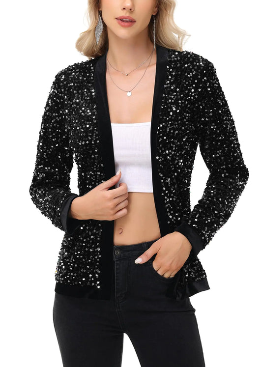 Furrzy Womens Sparkly Sequin Cardigan Long Sleeve Open Front Glitter Party Sequin Blazer Jacket Black Small