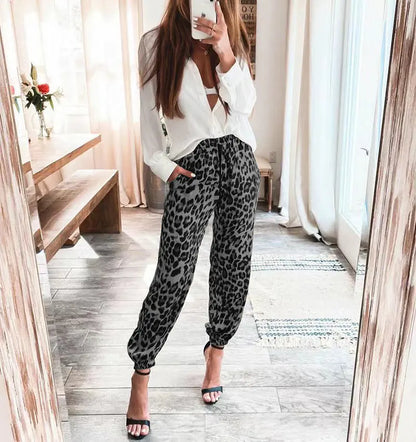 Furrzy Leopard Print Elastic Waist Casual Trousers for Women