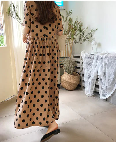 Furrzy Bohemian Dot Print Loose Cotton Linen Dress for Women