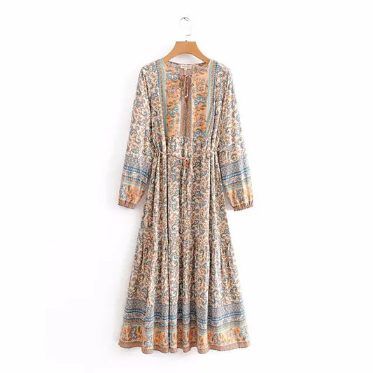 Furrzy Boho Queens Floral Print Lace-up Maxi Dress for Women