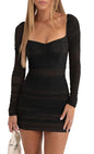Furrzy Womens Sexy Mesh Square Neck Long Sleeve Ruched Bodycon Party Club Mini Dress Black