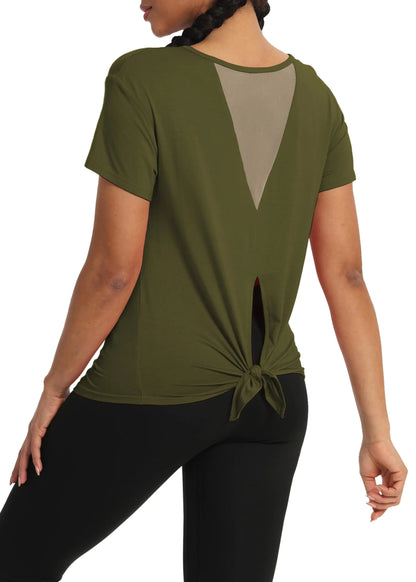 Furrzy Womens Workout Shirt Athleisure Pilates Athletic Tops Mesh Back Yoga Gym Shirts Tie Back Workout Tops for Women Army Green M