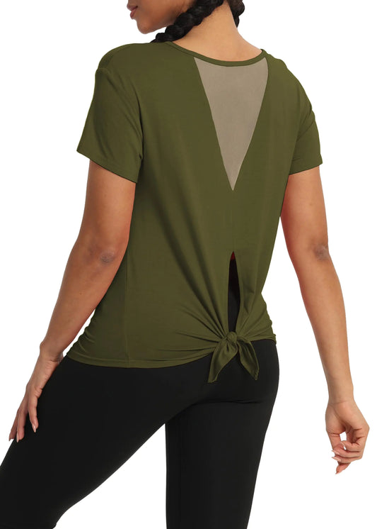 Furrzy Womens Workout Shirt Athleisure Pilates Athletic Tops Mesh Back Yoga Gym Shirts Tie Back Workout Tops for Women Army Green M