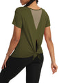 Furrzy Womens Workout Shirt Athleisure Pilates Athletic Tops Mesh Back Yoga Gym Shirts Tie Back Workout Tops for Women Army Green M