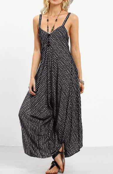 Furrzy Striped Jumpsuit Dress with Spaghetti Straps