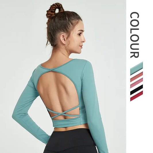 Furrzy Backless Long Sleeve Yoga Top for Women Fitness Wear
