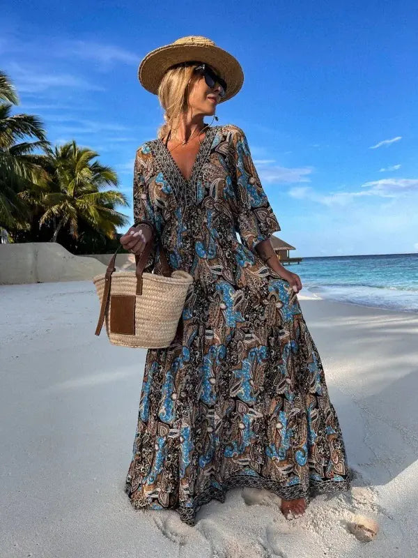 Furrzy Bohemian Style V-Neck Floral Maxi Dress for Women