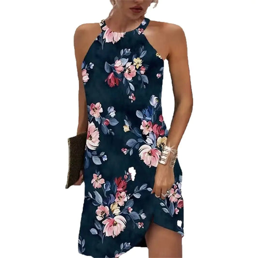 Furrzy 3XL Navy Mixed Pink Floral Womens Casual Halter Neck Dress Sleeveless Floral Print A-line Mini Sundress Dresses Summer for Beach Party Dress 2024